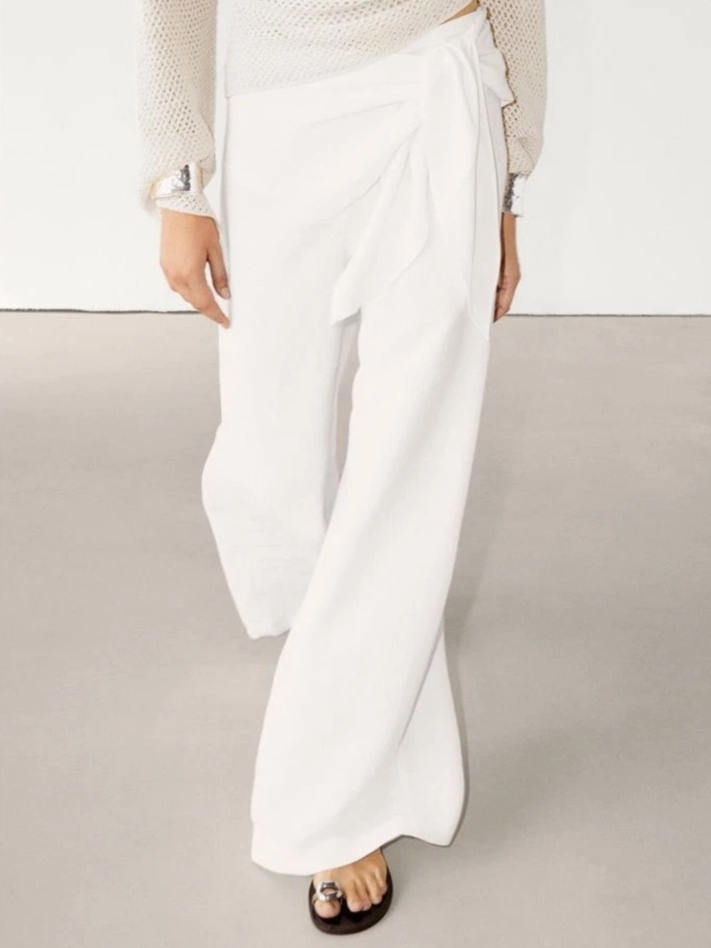 Massimo Dutti Ivory Linen Blend Wide Leg Trousers With side Tie Detail